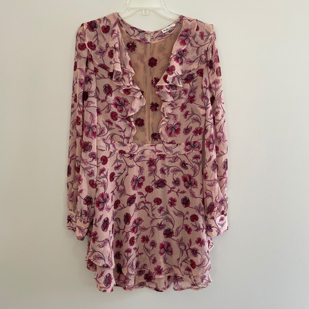 For Love and Lemons Floral Mesh Ruffle Agnes Mini Dress Pink Burgundy Sleeve L - Picture 12 of 16